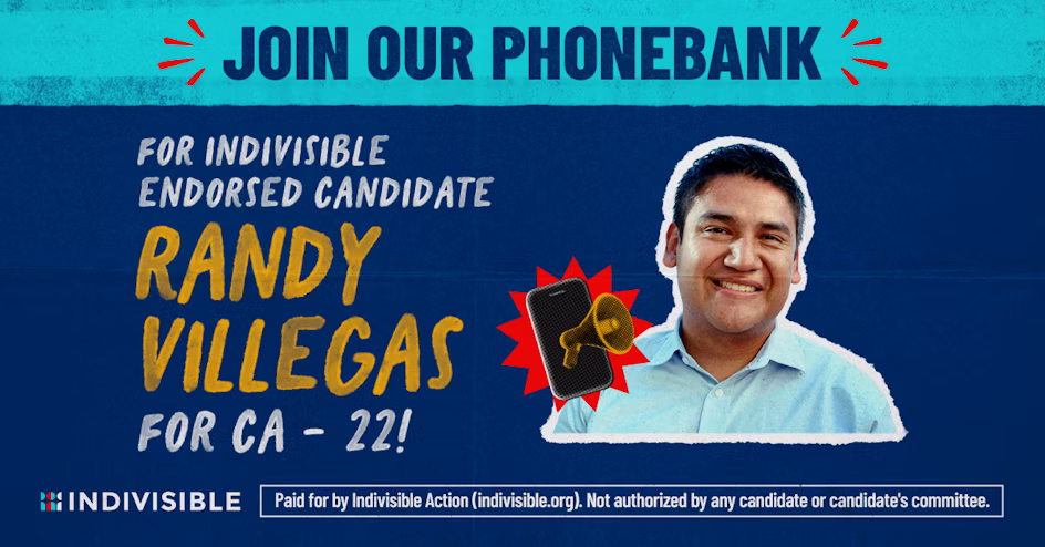 A graphic with a photo of Randy Villegas and text inviting people to join the ophonebank for him