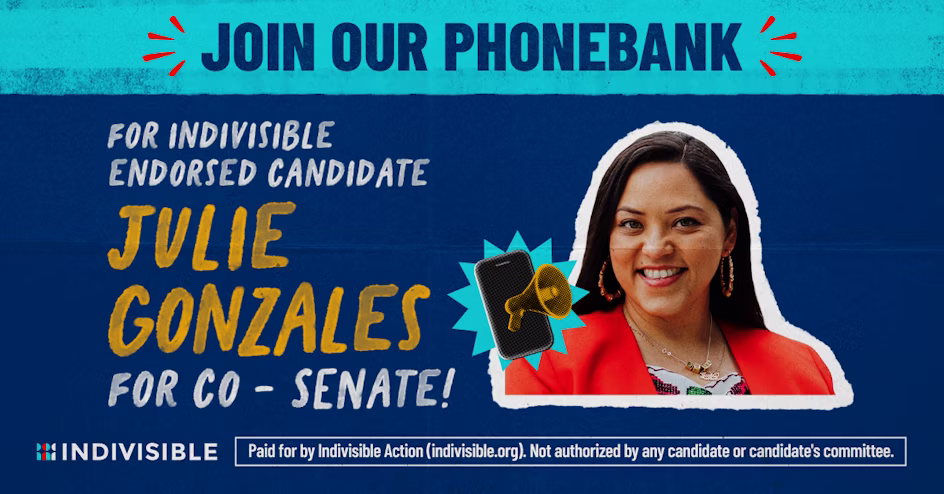 A graphic including a photo of Julie Gonzales that invites people to join the phonebank for her