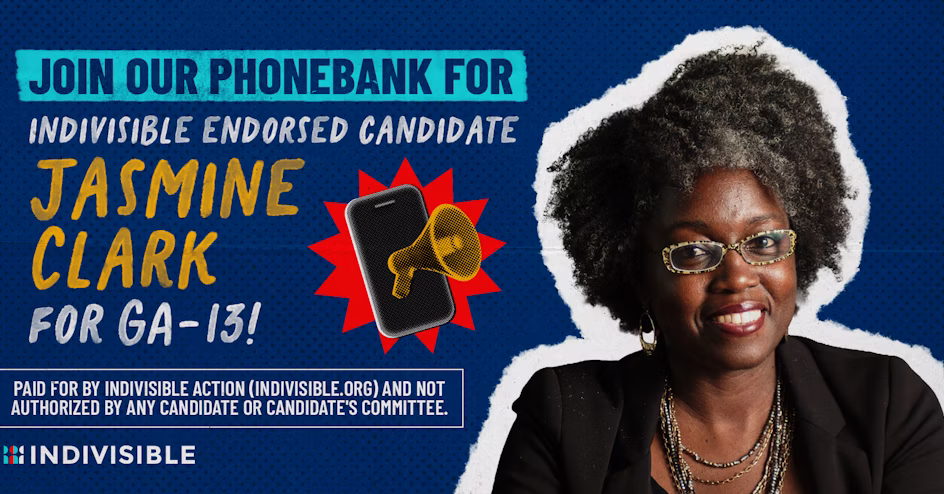 A graphic including. a photo of Jasmine Clark that invites people to join the phonebank for Jasmine Clark.