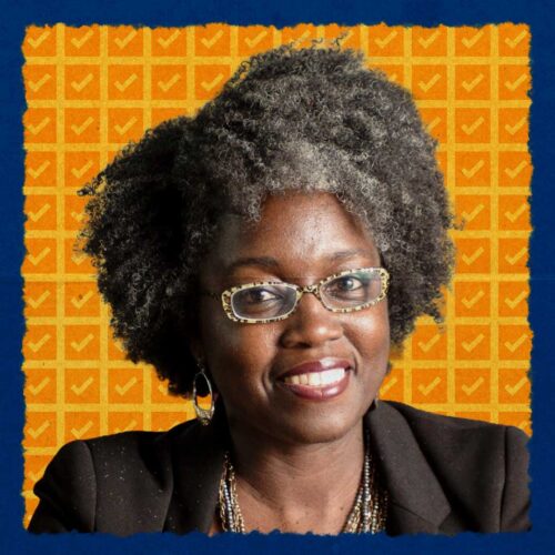 Jasmine Clark with checkmarks behind her denoting her primary victory