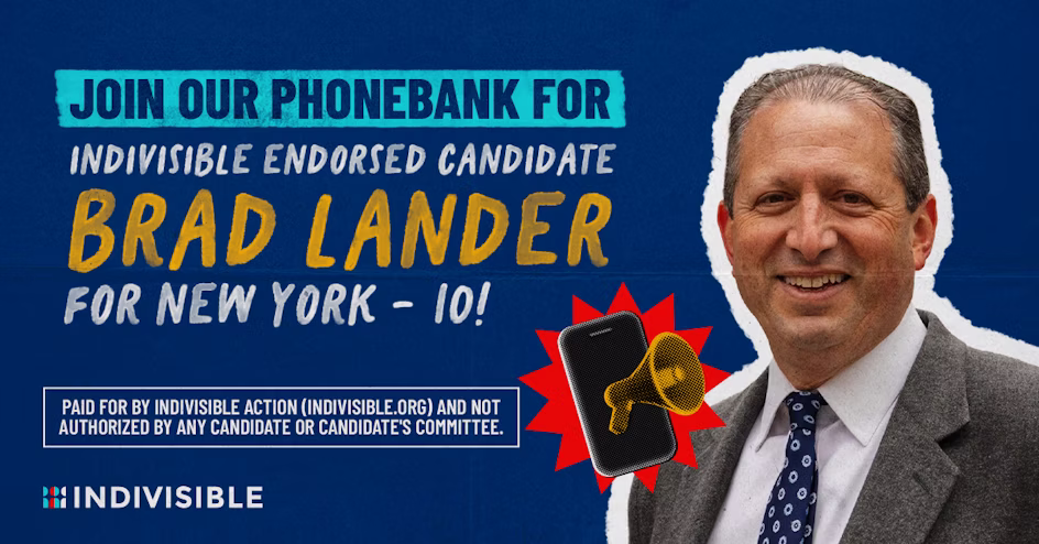 A graphic inviting people to phonebank for Brad Lander. A photo of lander is included.